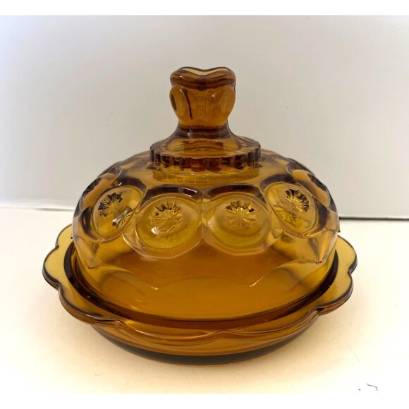 L E Smith Moon & Stars Amber Glass Covered Butter or Cheese Dish 6”x7” - Picture 1 of 8